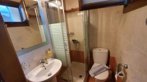 a bathroom with a shower and a toilet and a sink at Pansion Fani in Ouranoupoli