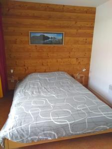 Ce lit se trouve dans un dortoir doté d'un mur en bois. dans l'établissement Appartement pied des pistes avec balcon & vue 6 personnes, à Orcières