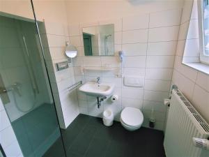 La salle de bains est pourvue d'un lavabo, de toilettes et d'une douche. dans l'établissement Sport Hotel Kenzingen, à Kenzingen