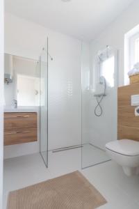 MorzeZatoka - apartamenty Władysławowo في فواديسوافوفو: حمام مع دش زجاجي ومرحاض +30 صورة