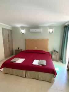 um quarto com uma cama grande e um cobertor vermelho em Livia’s Appartments em Pafos