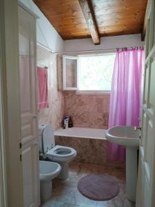 La salle de bains est pourvue de toilettes, d'une baignoire et d'un lavabo. dans l'établissement Liknon Guesthouse Villa, à Galaxidi