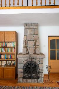 ein Steinkamin in einem Wohnzimmer mit einem Bücherregal in der Unterkunft Pension Csomád in Băile Tuşnad