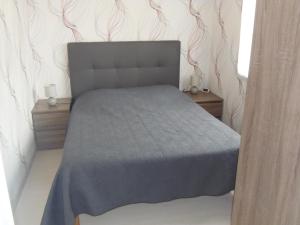 1 dormitorio con 1 cama y 2 mesitas de noche con 2 lámparas en petite maison de vacance, en Grandcamp-Maisy