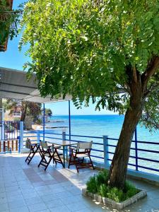 stół i krzesła pod drzewem nad oceanem w obiekcie Manolis Studios Thassos w mieście Skala Kallirachis