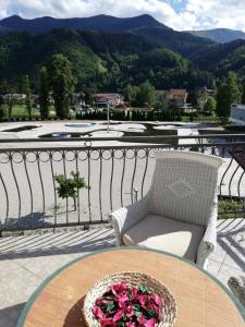 a table with a bowl of flowers on top of a balcony at Linden Tree Apartment in Fojnica