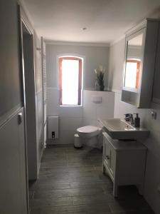 a white bathroom with a toilet and a sink at Ferienwohnung Familie Manthei in Boitin Resdorf
