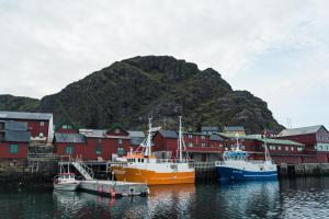 um grupo de barcos ancorados num porto com uma montanha em Live Lofoten Fishermen's Cabins em Stamsund