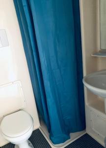 a bathroom with a toilet and a blue shower curtain at Résidence Les Pins in Calvi