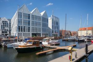 grupa łodzi zacumowanych w marinie z budynkami w obiekcie Exclusive Marina Apartment w Gdańsku