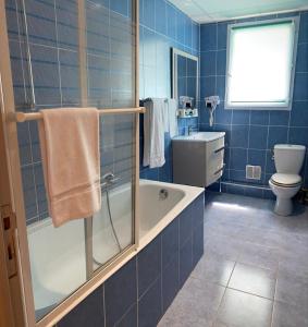 カーニュ・シュル・メールにあるHôtel Le Derbyの青いタイル張りのバスルーム(バスタブ、トイレ付)