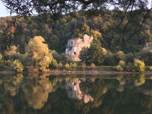 een weerspiegeling van een berg in het water bij Idylle II an der Donau in Pentling