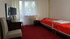 a bedroom with a bed and a desk and a television at Dafne Zakopane in Zakopane