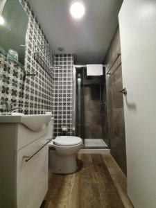 uma casa de banho com um WC, um lavatório e um chuveiro em hostal olozaga em Alicante