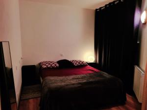 um quarto com uma cama com lençóis vermelhos e uma janela em Logement entier 30m² - 800m du Futuroscope em Chasseneuil-du-Poitou