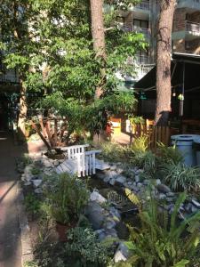a garden with a pond and trees and plants at Hotel Nimfa-Rusalka in Sunny Beach