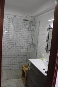 a bathroom with a shower and a white sink at Beach front apartment 1 in Sagres