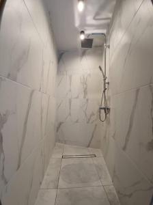 La salle de bains blanche est pourvue d'une douche et d'un lavabo. dans l'établissement Apartamenty w Puszczy, à Augustów