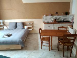 1 dormitorio con cama, mesa y cocina en Au coeur de Montastruc-la-Conseillère - Chambres d'hôtes, en Montastruc-la-Conseillère