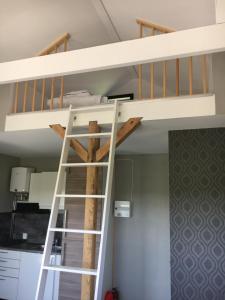 a loft bed with a ladder in a room at Stuga nära havet in Ystad
