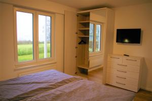 1 dormitorio con 1 cama y vestidor con TV en Witt am See D, en Klein Wittensee