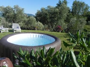 einen Pool in einem Garten mit einem Stuhl in der Unterkunft Casa Damiano in Chianni