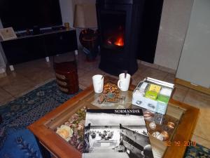 a living room with a fireplace and a table with food at La ferme aux chats in Formigny