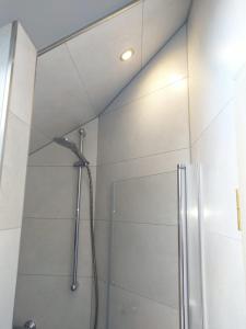 a shower with a glass door in a bathroom at Apartment-Design in Altenstadt