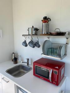 a kitchen with a stove, microwave, and dishwasher at Brú Guesthouse in Hvolsvöllur