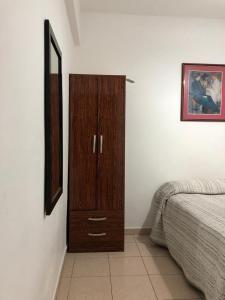 1 dormitorio con armario de madera junto a la cama en Bellas Artes en La Plata