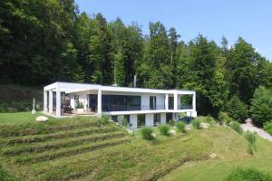 una gran casa blanca en una colina con árboles en Appartement Belvedere, en Keutschach am See