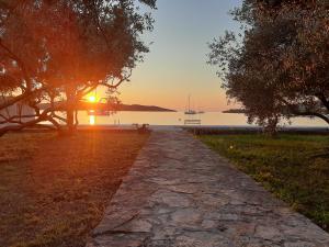 a path leading to a lake with the sun setting at Family House Rebeka in Ugljan