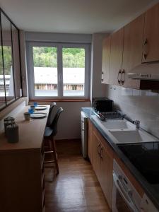 una cucina con bancone e lavandino e due finestre di STUDIO 21 M2 TOUT EQUIPE a Modane
