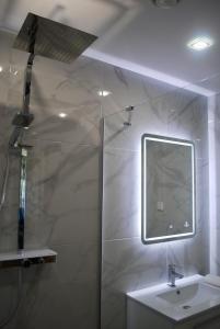 W łazience znajduje się prysznic, umywalka i lustro. w obiekcie Papli Apartments w Parnawie