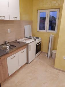 a kitchen with a stove and a sink at Apartmani Kosmac in Budva