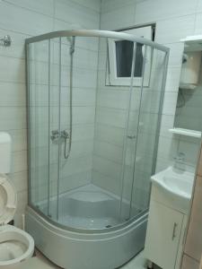 a glass shower in a bathroom with a toilet at Apartmani Kosmac in Budva