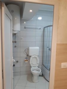 a small bathroom with a toilet and a shower at Apartmani Kosmac in Budva