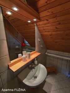 uma casa de banho com um lavatório e um tecto em madeira em Apartment Cesar em Bohinj