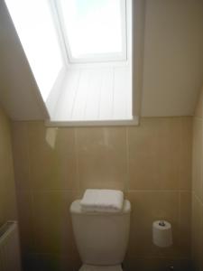 a bathroom with a toilet with a window above it at Inspiration Lodge in Anascaul