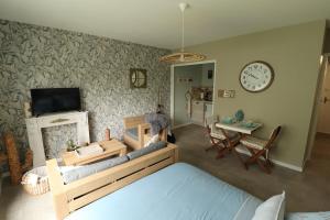 a living room with a bed and a tv and a fireplace at Les Platanes in Saint Lo