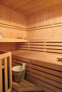 a wooden sauna with a bucket in it at Hotel Corona in Carano
