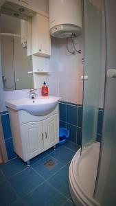 ein Badezimmer mit einem weißen Waschbecken und einer Dusche in der Unterkunft Apartment Miro in Prvić Šepurine