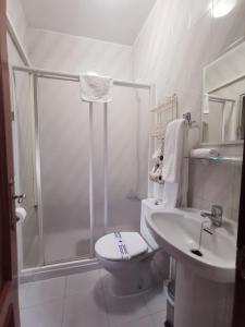 Un baño con ducha, inodoro y lavabo. en Hostal Senero, en Mérida 32 fotos más