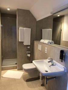 ein Bad mit einem Waschbecken, einem WC und einer Dusche in der Unterkunft Hotel Kranenborgh Steinhude am Meer in Steinhude