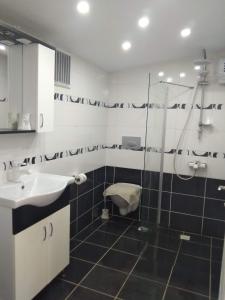W łazience znajduje się umywalka i przeszklony prysznic. w obiekcie Paddys Apartments Ovacık w Ölüdeniz