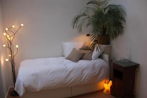 a bedroom with a white bed with a potted plant at B&B de Dorpsdokter in Udenhout