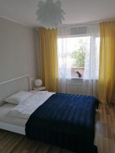 a bedroom with a bed with a blue blanket and a window at Apartment Anna in Saldus