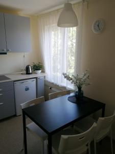 cocina con mesa, sillas y ventana en Apartment Anna, en Saldus