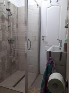 uma casa de banho com um chuveiro e um lavatório. em Marge’s cosy Old Town Nest em Brasov