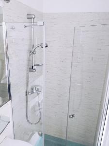 a shower with a glass door in a bathroom at Guest house ''8 Smilgos'' in Klaipėda